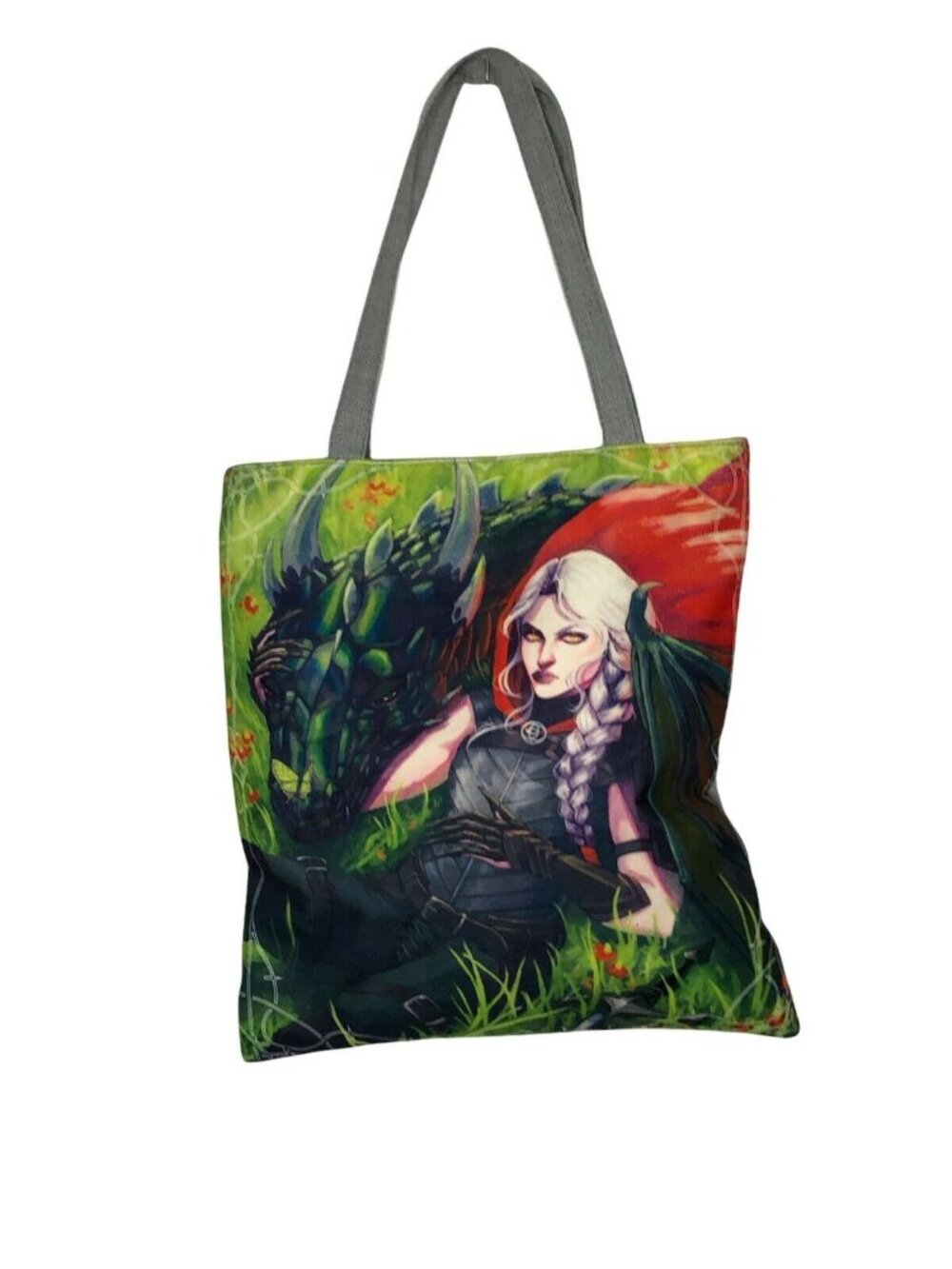 Tote Bag Zippered Girl Dragon 13" x 14.5" Pocket Shoulder Bag Gray Red Purse EUC